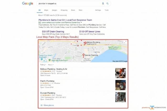 Google local search results showing a business map listing and local SEO visibility.